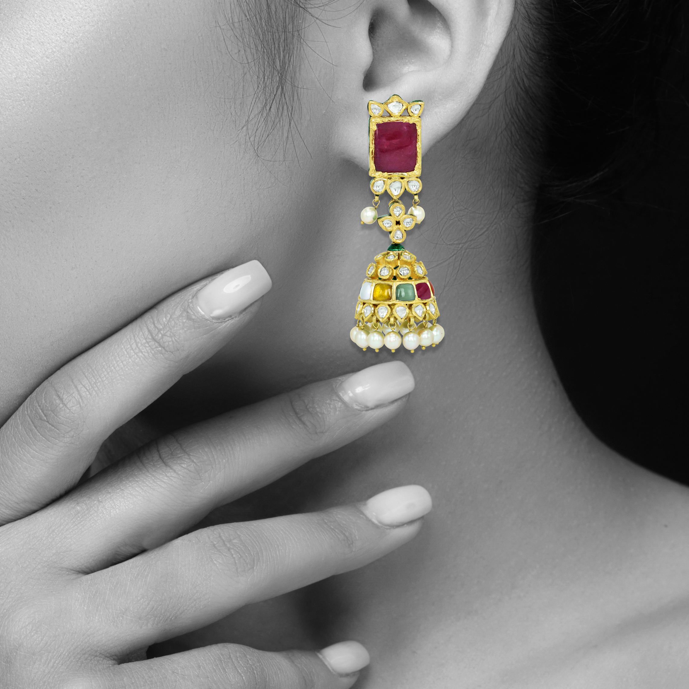 Navratan Jhumki Earrings with Polki and Pearl Drops